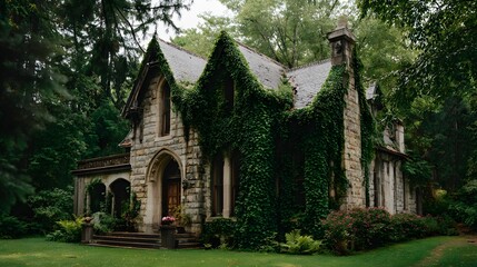 Obraz premium Majestic stone house, overgrown with lush green ivy, stands amidst dense trees and foliage under an overcast sky.