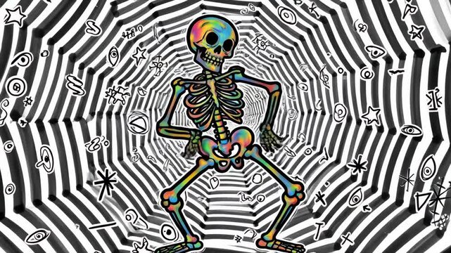 Psychedelic Dancing Skeleton Cartoon - A colorful, drawn style cartoon of a dancing skeleton is centered against a black and white striped background.