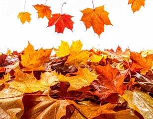 Fototapeta premium Vibrant golden and red maple leaves gracefully fall, creating a stunning pile against a bright white background for cozy autumn designs.