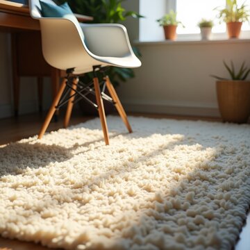 Morning sunlight across home office rug and white chair