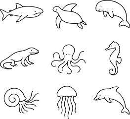 Minimal Marine Animals Line Icons Set — Dolphin, Whale, Turtle, Octopus, Seahorse, Jellyfish ;