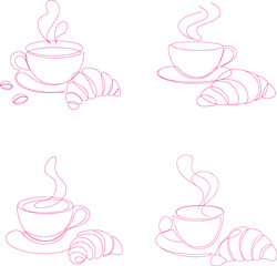 Simple line drawing of a hot coffee cup with steam and a croissant and Continuous line drawing