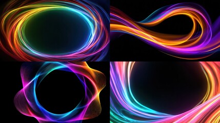 Four vibrant, abstract compositions of colorful, glowing light trails against a stark black background