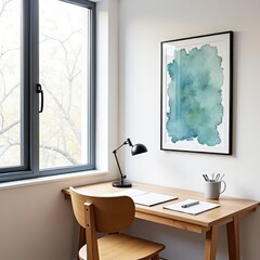 Fototapeta premium Clean-lined writing desk in corner window with framed art