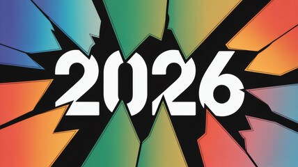 Bold 2026 year centered with colorful radial shards and gradient starburst dynamic abstract explosion for modern event poster banner and wallpaper