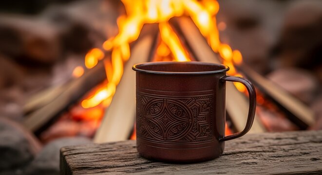 A rustic metal mug sits on a wooden surface in front of a warm, glowing campfire