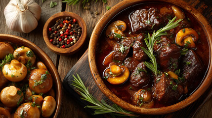 Buckwheat porridge with pieces of meat and mushrooms on a dark wooden background. Top view.