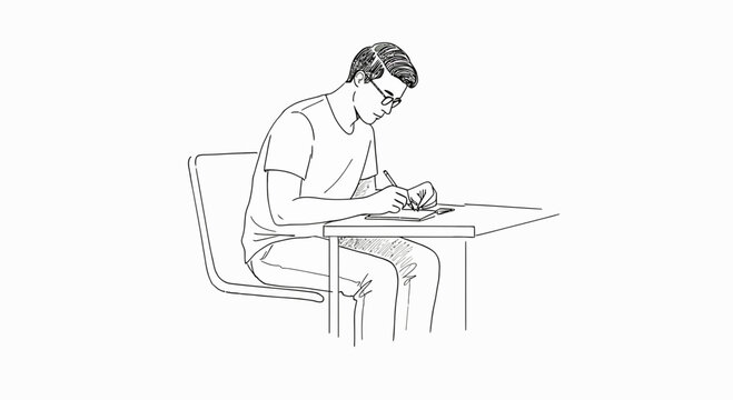Student diligently writing at a desk in a clean line art illustration