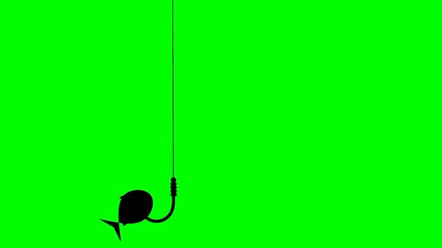 Animation of a hook with a fish caught on a green background. The concept of catching fish in the sea.