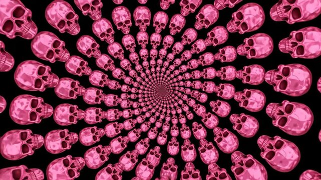 Pink Skull Spiral Abstract Background - A striking abstract video featuring a spiral arrangement of glossy pink skulls against a black background.