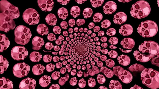 Spiral of Glossy Pink Skulls on Black Background - An abstract pattern featuring a spiral of glossy pink skulls against a stark black backdrop.