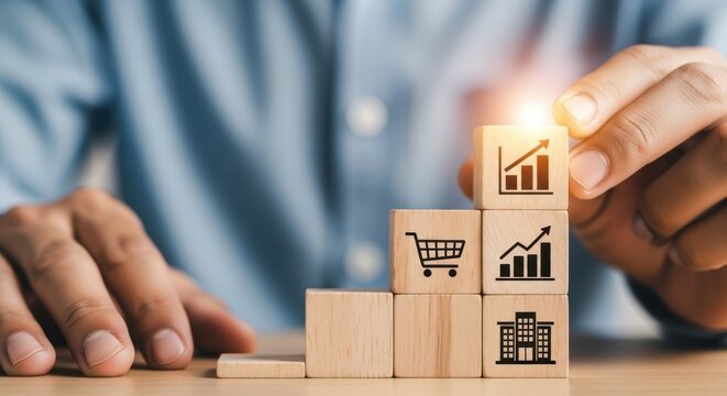 Business Growth Concept, Hand Stacking Wood Blocks with Icons, Path to Success.