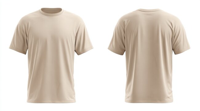 Beige crew-neck t-shirt, short sleeves, shown front and back on white background, simple design