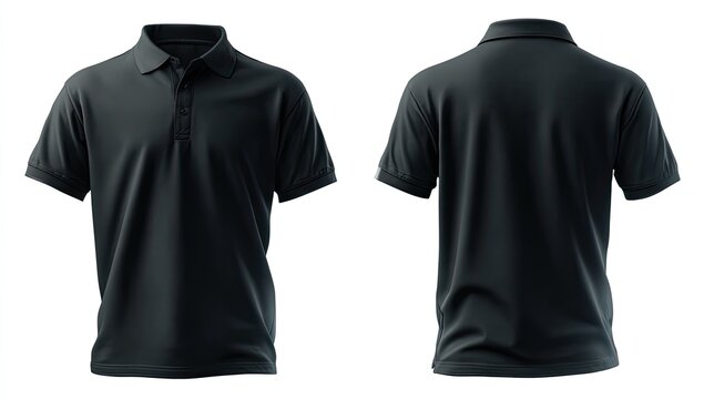 Two views of a plain black short-sleeved polo shirt, front and back, on a white background (1)
