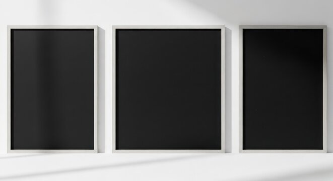 Three framed blank posters hang on a white wall with sunlight shadows