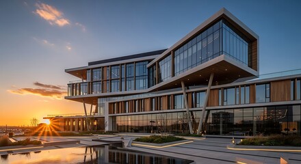 Modern Building with Glass Facade at Sunset.