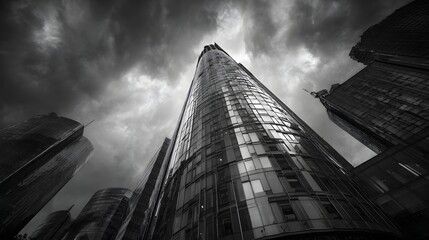 Dramatic upward view captures imposing, contemporary architecture of towering skyscrapers, their sleek facades reflecting the ominous, dark, and cloudy sky overhead creating a sense of unease and...