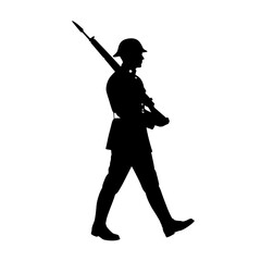 Silhouette of a soldier marching with rifle emblematic of military service and duty silhouette flat design vector illustration white background