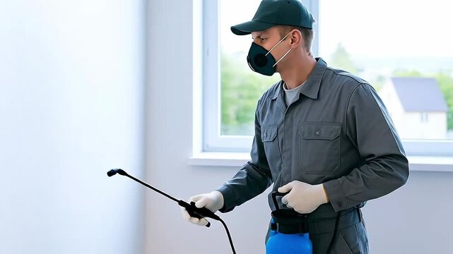 Professional Exterminator in Protective Mask and Gloves Spraying an Indoor Wall for Insect Extermination