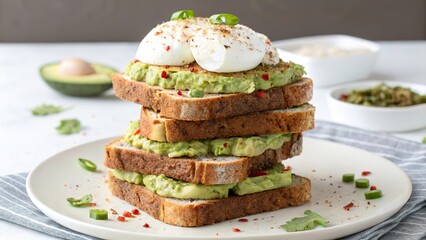 Delightful avocado egg toast tower showcasing layers of flavor and texture at a trendy brunch spot