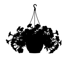 Silhouette of a blooming hanging flower pot overflowing with petunias and lush greenery silhouette flat design vector illustration white background