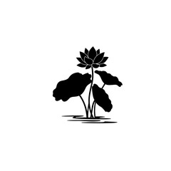 Elegant silhouette of a blooming lotus flower with pad and water reflections silhouette flat design vector illustration white background