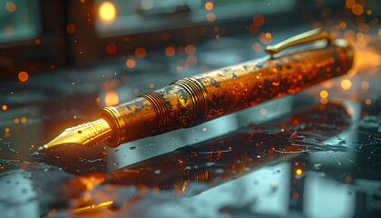 A richly detailed, vintage golden fountain pen, illuminated by glowing sparks, rests on a wet, reflective surface, symbolizing the enduring legacy of words and creative inspiration