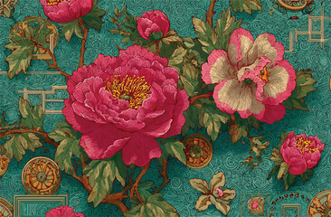 Exquisite floral tapestry featuring vibrant pink peonies and intricate ornamental details for artistic and decorative applications