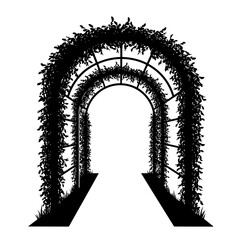 Black silhouette of a lushly overgrown garden archway with a path leading through silhouette flat design vector illustration white background