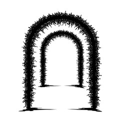 Abstract black archway duo rendered with grungy textured brush strokes creates visual depth silhouette flat design vector illustration white background