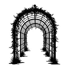 Archway garden trellis covered in lush greenery and vines creating a romantic pathway silhouette flat design vector illustration white background
