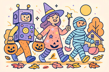 Obraz premium Cute Kids in Halloween Costumes Trick or Treating with Pumpkin Buckets