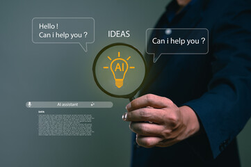 Businessman explores creative ideas with an AI assistant. Magnifying glass on a lightbulb icon symbolizes innovation from a smart chatbot. Generative AI for business solutions and customer service.