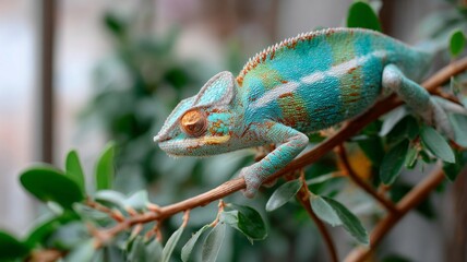 Obraz premium A green and brown lizard is perched on a leafy branch