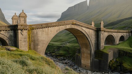 Majestic ancient stone bridge covered in lush green moss over a river