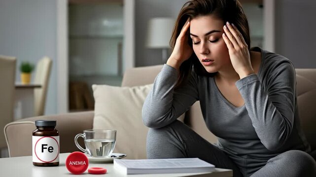 Young adult woman unwell, showing symptoms of iron deficiency anemia. She holds her throbbing head, exhausted, weak, and dizzy inside her cozy home. Hemoglobin support aids rest nearby.