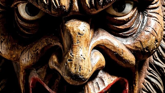 Detailed close-up of a carved wooden Krampus mask, featuring menacing eyes, sharp fangs, and a fearsome expression