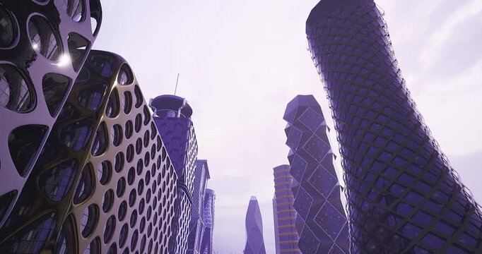 Tall, innovative skyscrapers dominate the skyline, showcasing unusual designs and structures. The overcast sky creates a mysterious atmosphere in this urban setting.