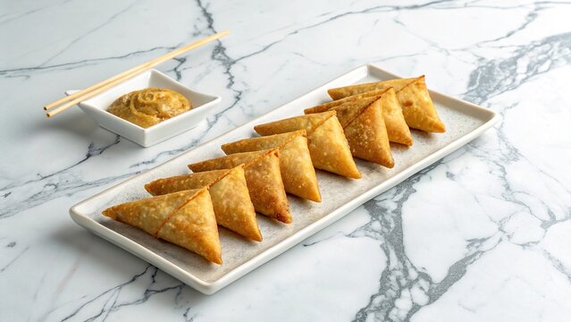 Delicious briouats arranged elegantly on a white marble surface, perfect for sharing at any gathering