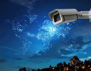Security camera overlooks glowing world map at night
