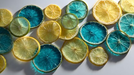Scattered arrangement presents colorful, translucent citrus fruit slices, showcasing shades of yellow, blue, and green on a white surface, with lighting creating highlights and shadows, emphasizing...