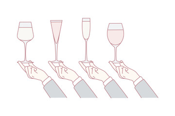 Hands holding diverse glasses with alcoholic beverages. Sommelier tasting alcohol. Party or celebration. Drinks at bar. Flat vector illustration.