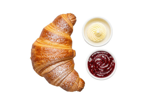 Freshly baked golden croissant, flaky layers, powdered sugar, creamy butter, and raspberry jam in white ramekins, isolated on transparent, high-key studio lighting, gourmet concept.