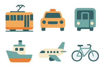 Various modes of transportation illustrated in playful design featuring bus, taxi, tram, bicycle, airplane, and boat