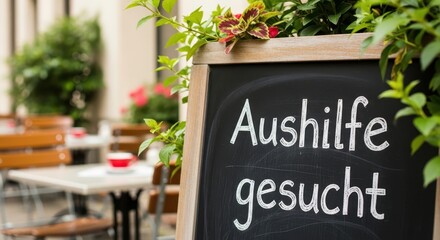 Chalkboard sign reads "aushilfe gesucht" meaning help wanted outdoors