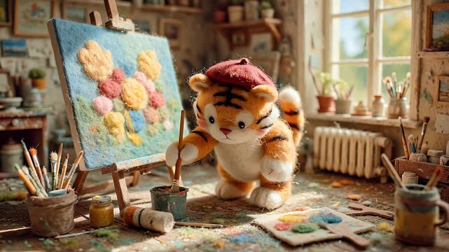 Animated tiger artist painting on canvas with paintbrush and easel