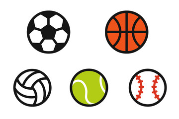 Various sports balls displayed in simple, colorful designs on a white background showcasing soccer, basketball, volleyball, tennis, and baseball