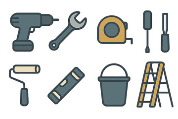 Different hand tools and equipment for home improvement and DIY projects displayed on a white background
