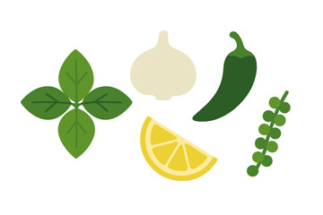 Fresh herbs, garlic, chili, lemon, and spices on a plain background ready for cooking