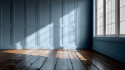 Interior design showcases a room with blue paneling and a wooden floor, bathed in sunlight streaming through a large window, creating a tranquil and inviting ambiance perfect for showcasing...